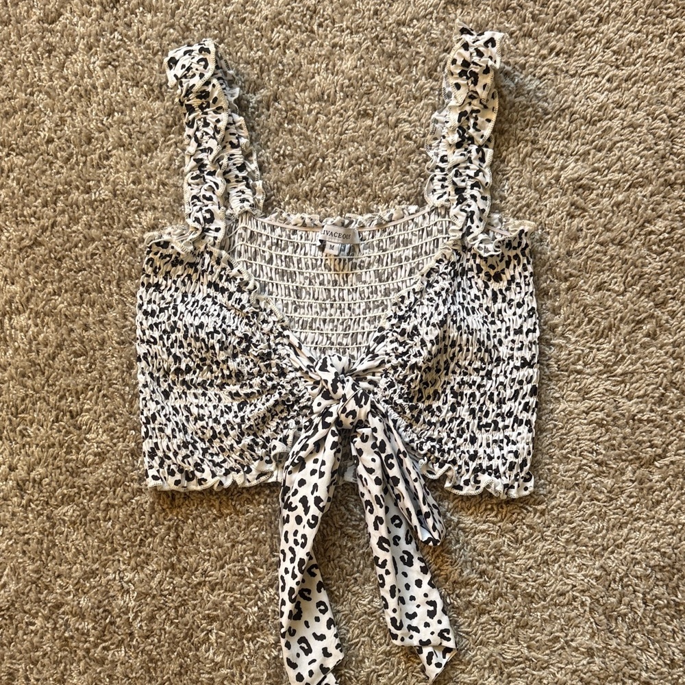 Olivaceous White and Black Leopard Print Tie-Front Smocked Crop Top